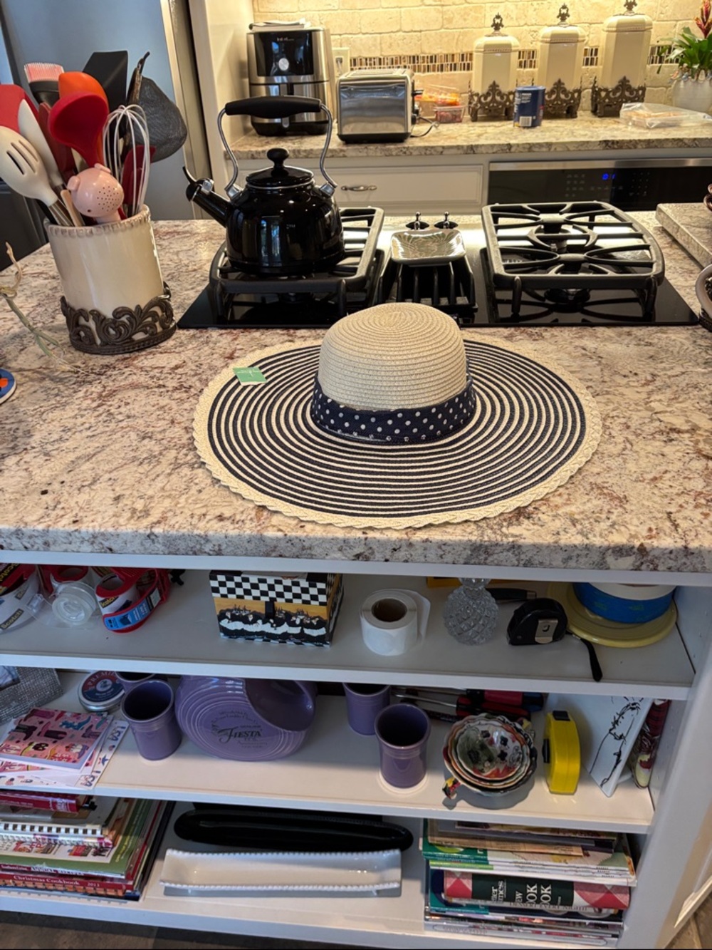 Navy & White Straw Hat with Navy & White Polka Dot Bow. Very Wide Brim.